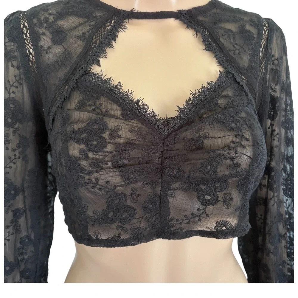 Free People Intimately Sheer Lace Crop Top Black Long Sleeve S NWT Whimsigoth